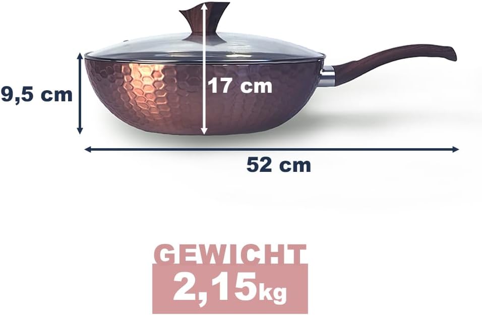 GGC Wok Pfanne 32cm mit Deckel und abnehmbarem Stiel-Griff in Holzoptik I Induktion I Ø32 Wok mit An