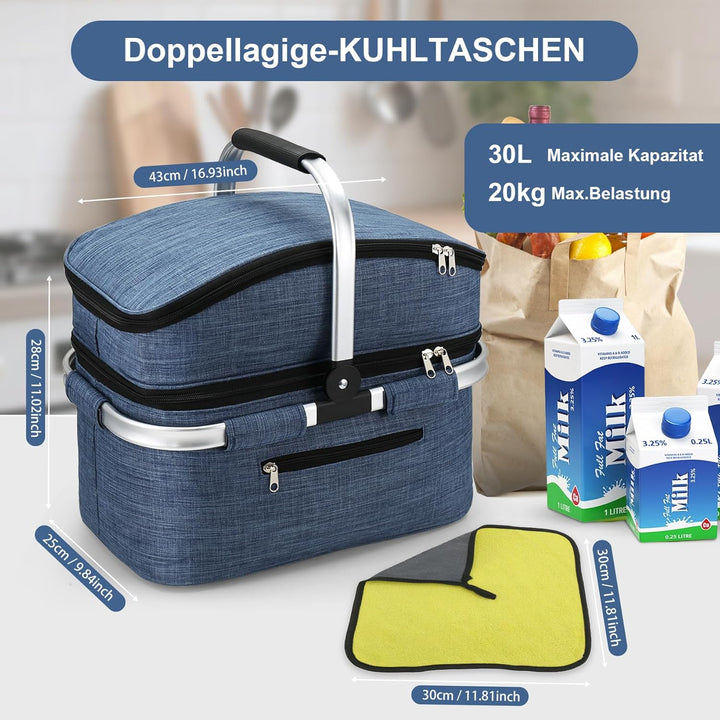 Nagoyuki 30L Einkaufskorb, Kühltasche, Faltbarer Kühlkorb, Doppellagige Einkaufstasche, Praktischer
