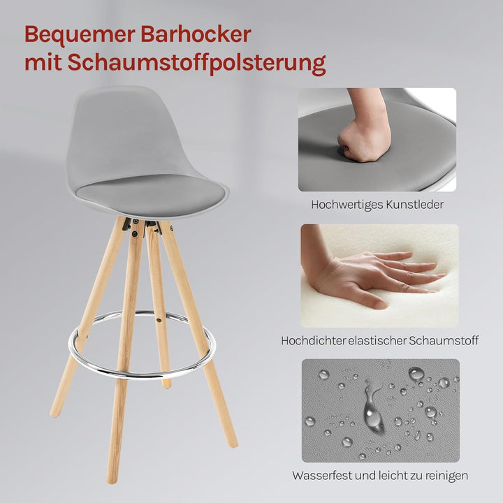WOLTU® BH45gr-2 2 x Barhocker 2er Set Barstuhl aus Kunststoff Holzgestell mit Lehne + Fussstütze Des
