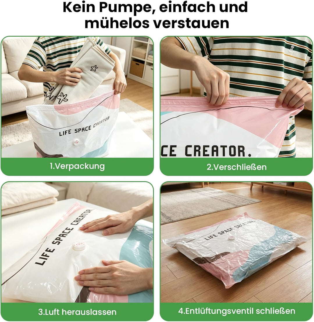 Vakuumbeutel ohne Pumpe 4er Set: 2x M (70x50x30cm) &amp; 2x L (100x80x30cm) – Platzsparende No-Pump Aufb