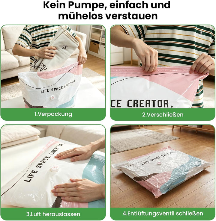 Vakuumbeutel ohne Pumpe 4er Set: 2x M (70x50x30cm) &amp; 2x L (100x80x30cm) – Platzsparende No-Pump Aufb