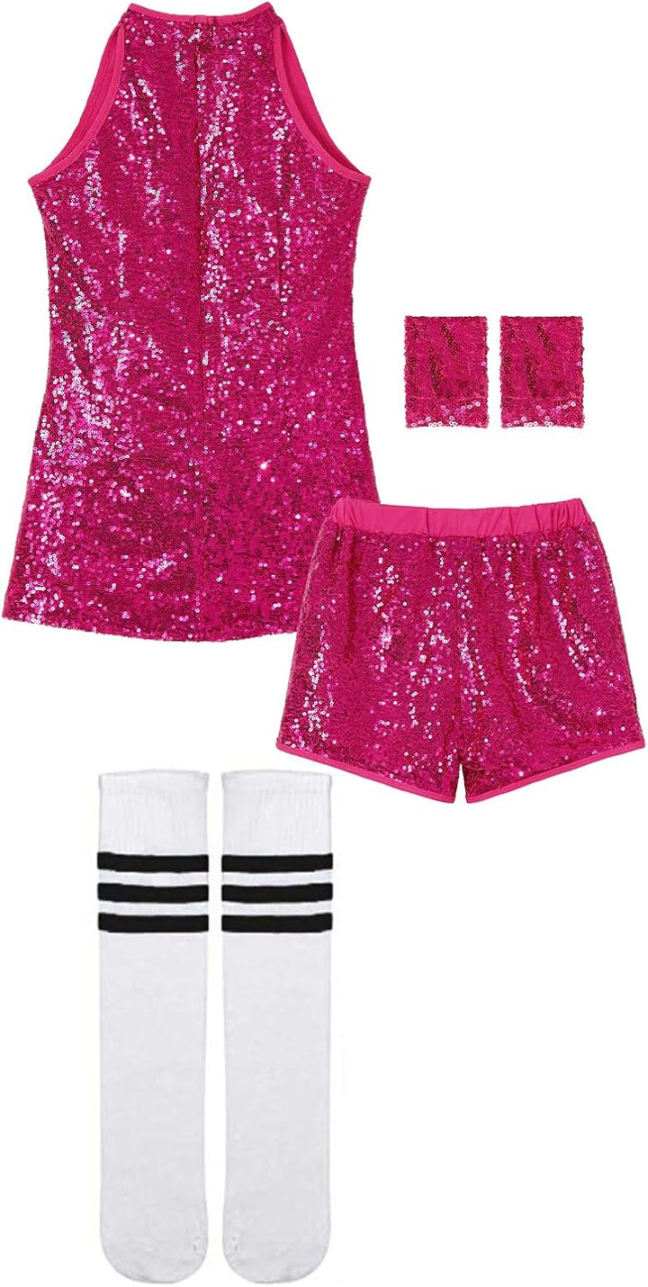 LOLANTA Mädchen Pailletten-Kostüm Hip Hop Dancewear Funkelndes Tanzkleid Gesetzt 6-7 Jahre Fuchsia,