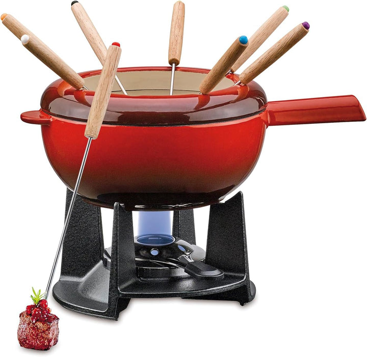 Spring Gusseisen Fondue Set rot | Ø 20 cm | mit 8 Fonduegabeln und Spritzschutz | für Käsefondue, Fl