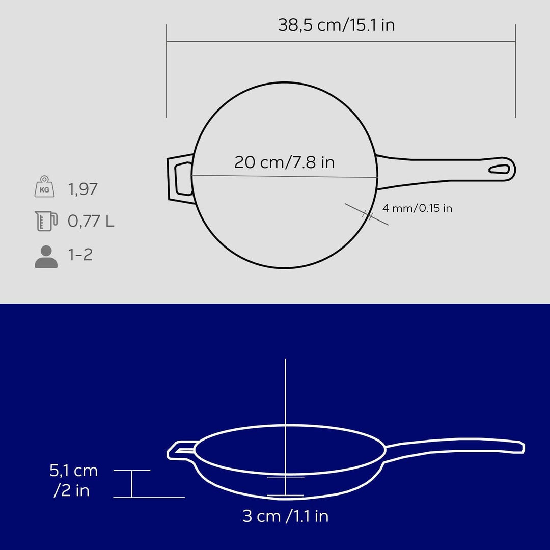 LAVA Cookware Gusseisen emailliert Bratpfanne mit Metallgriff, rund, 20 cm, blau