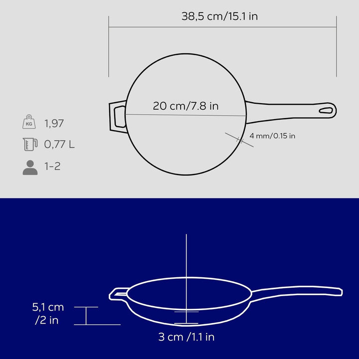 LAVA Cookware Gusseisen emailliert Bratpfanne mit Metallgriff, rund, 20 cm, blau