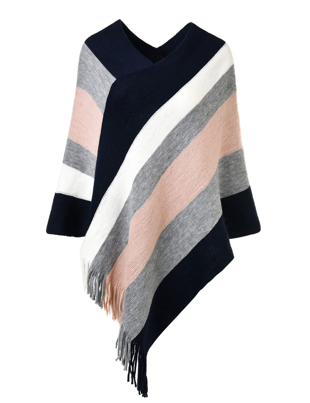 Ferand Damen Gestreifter Poncho Pullover Vielseitiger Schal zum Wickeln mit Fransen für Herbst und W