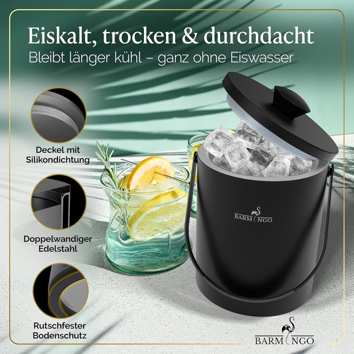 Edelstahl Eiswürfelbehälter mit Deckel - 2l Eiskübel/Eisbehälter für Eiswürfel mit Sieb, Eiswürfelfo
