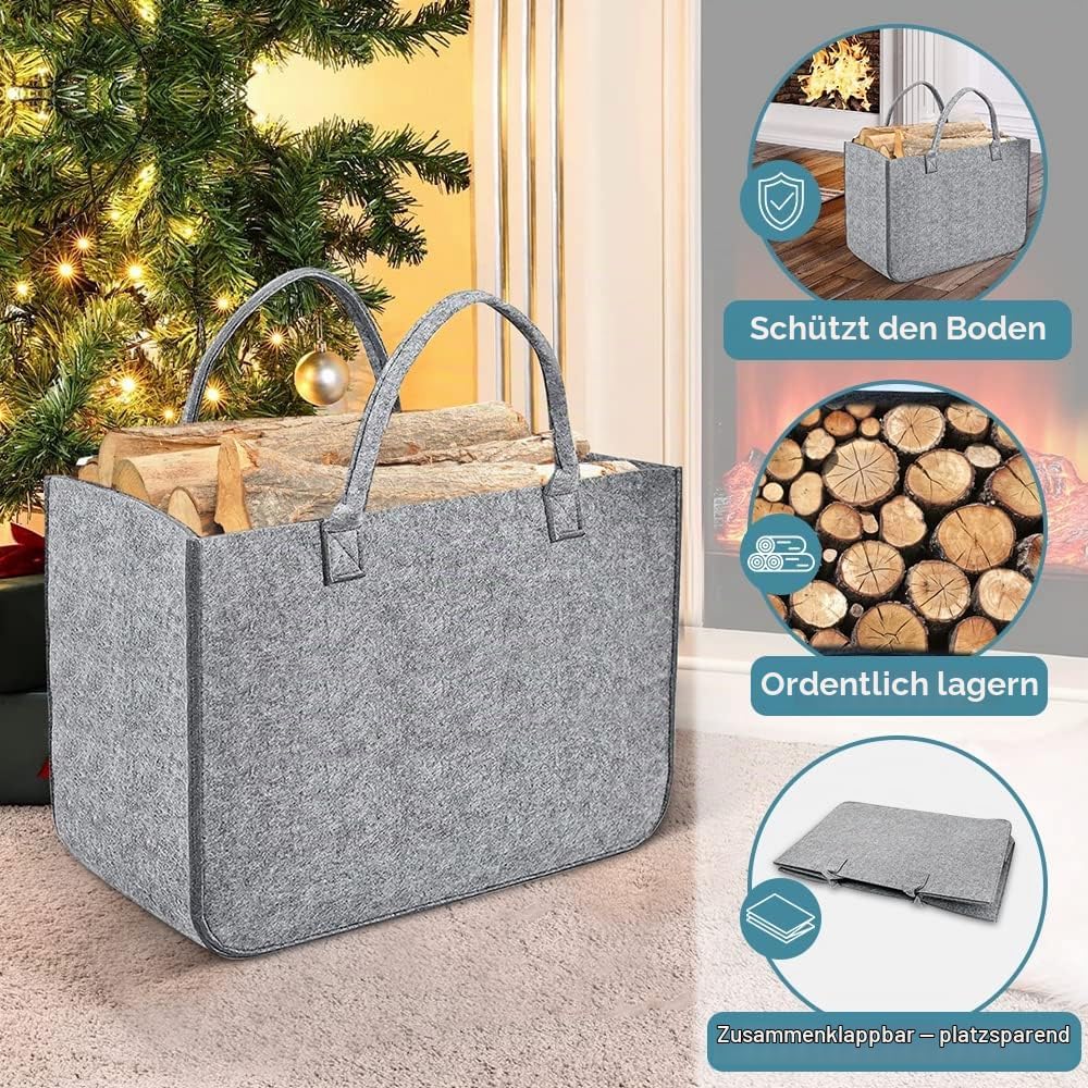 2 Stück Filztasche Kaminholztasche aus Filz Kaminholzkorb Filztaschen Einkaufskorb Brennholzkorb Feu