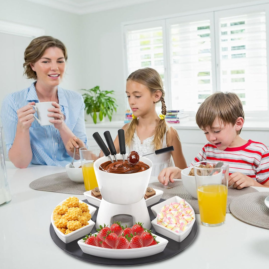 Keramik Schokofondue Set, Schokoladenfondue mit Holzpalette 4 Gabeln 4 Tellern, Käsefondue, Schoko F