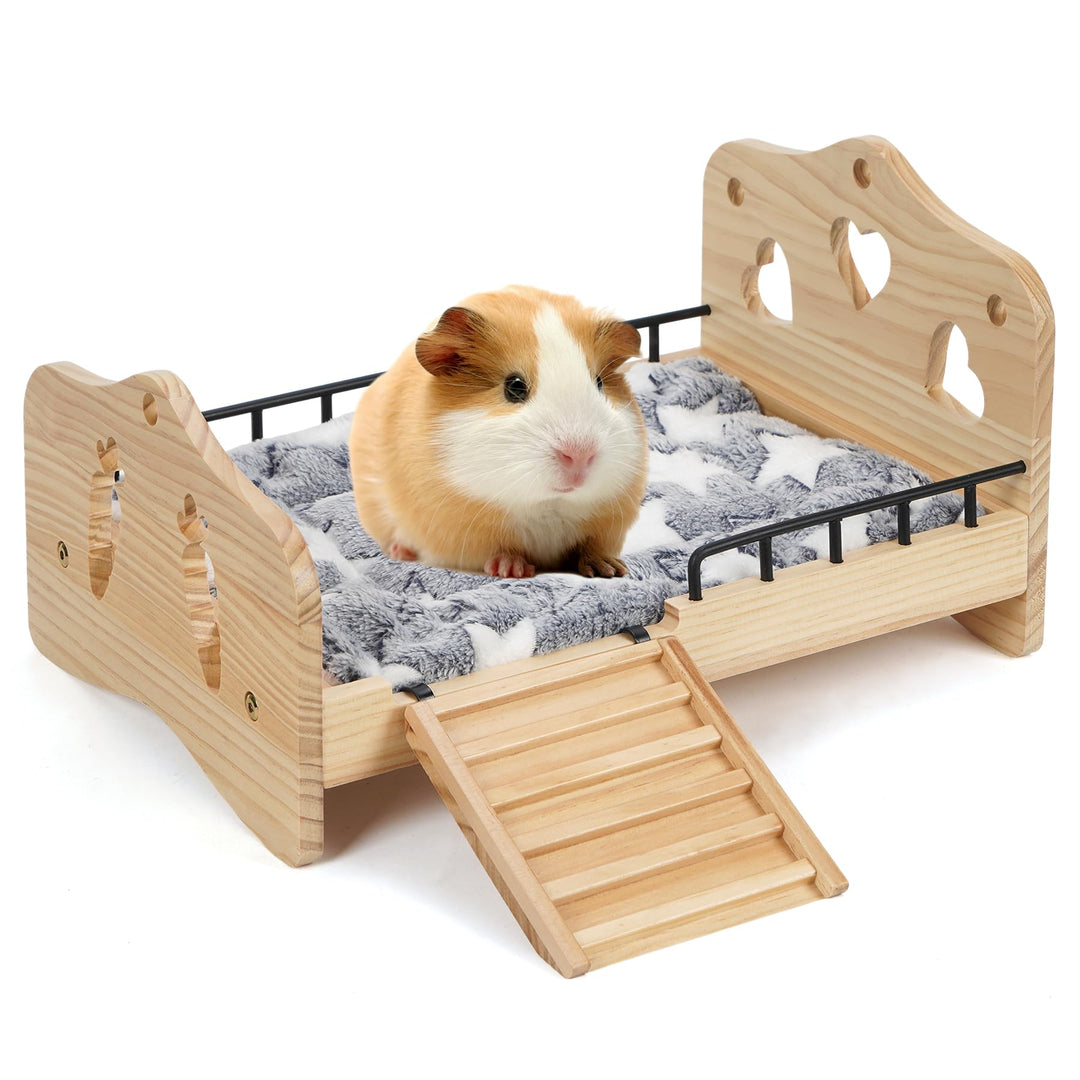 Meerschweinchen Bett Holz mit Treppe, Geländer und Matte, Zwergkaninchen Bettchen Kuschelkissen, Kan