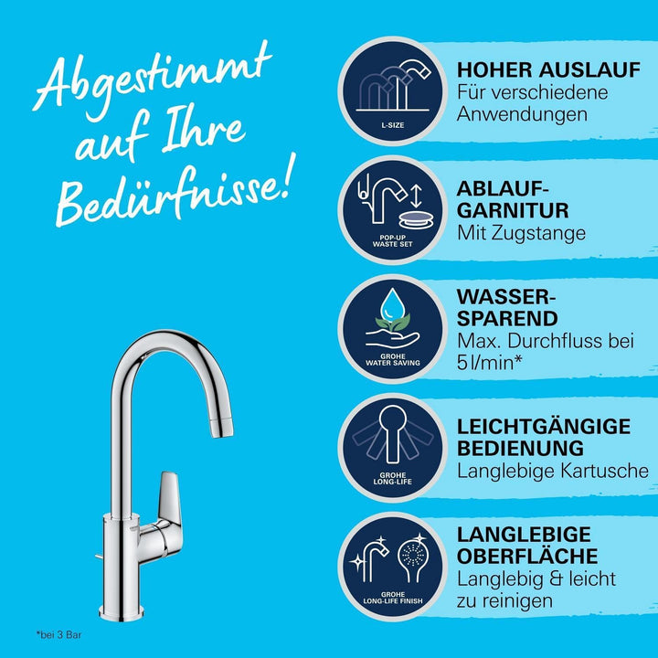 GROHE StartEdge - Einhand-Waschtischarmatur (wassersparend, langlebige Oberfläche, DN15, L-Size), ch