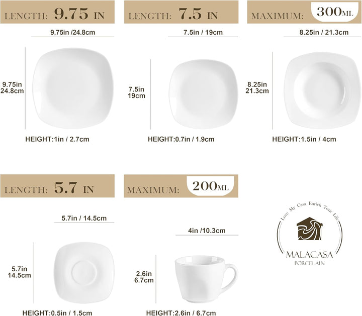 MALACASA, Serie Elisa, Porzellan Tafelservice 30-teilig Kombiservice Rund Geschirrset mit je 6 Kaffe