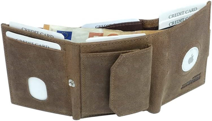Minigeldbörse mit Apple AirTag Fach Herren braun Leder RFID Schutz, Herren Mini Geldbörse klein, Min