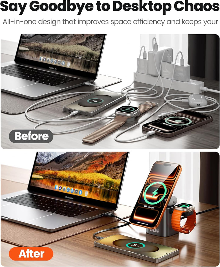 toocki USB C Ladegerät, 6Port GaN Ladestation mit Schnell Einziehbares Ladekabel und Mag.Safe Ladege