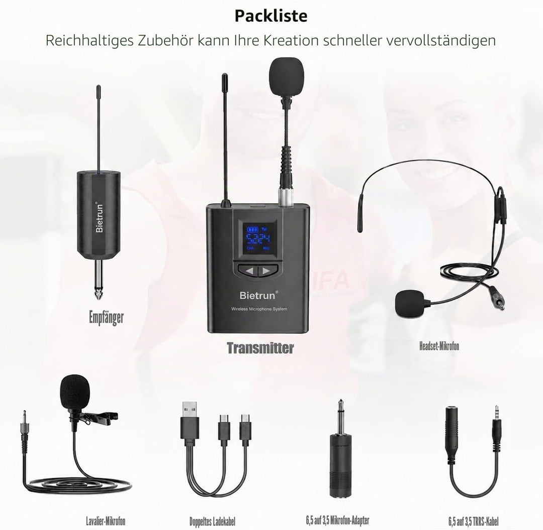 UHF Wireless Lavalier Lapel Microphone System, Kabelloses Lavalier-Mikrofon, Headset Mic, Interview