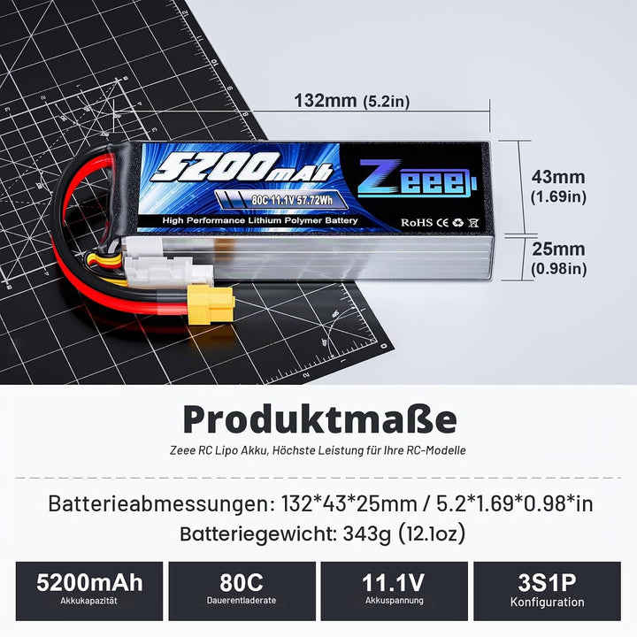 Zeee 3S Lipo Akku 11,1V 80C 5200mAh mit XT60 Steck Batterie RC für RC Auto, RC Flugzeug, RC Hubschra
