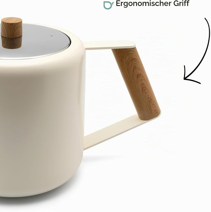 doppelwandige Creme-weisse Edelstahl Teekanne 1.1 Liter - isolierende Kanne für längeren Teegenuss 1