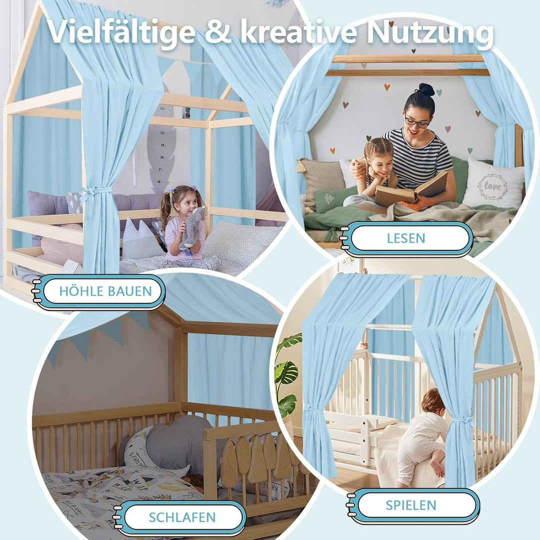 Alishomtll Hausbett Himmel Deko Set, 2 Betthimmel Hausbett aus 100% Baumwolle Musselin, 1 Wimpelkett