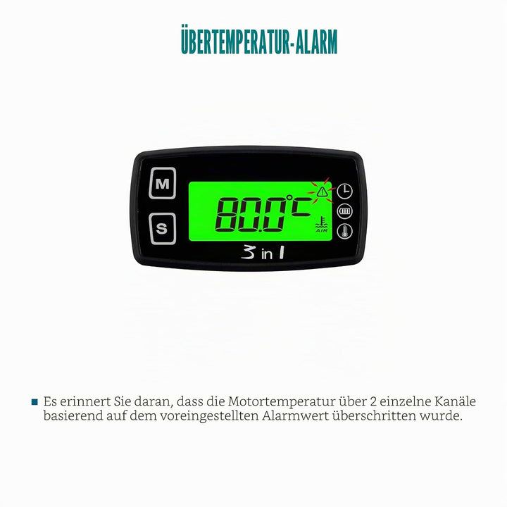 Runleader Digital LCD Motortemperaturanzeige Voltmeter, programmierbare Warnmeldung, Uhranzeige, Aus