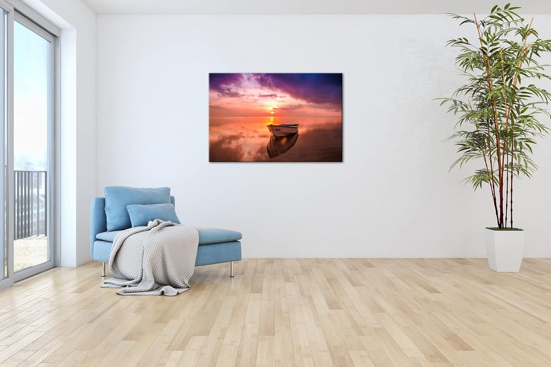 deyoli Einsames Boot im Sonnenuntergang Format:90x60 cm als Leinwandbild, Motiv fertig gerahmt auf E