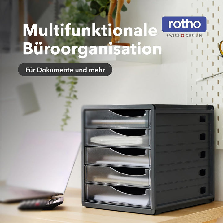 Rotho Spacemaker Schubladenbox / Bürobox mit 5 Schüben, Kunststoff (PS) BPA-frei, transparent/anthra