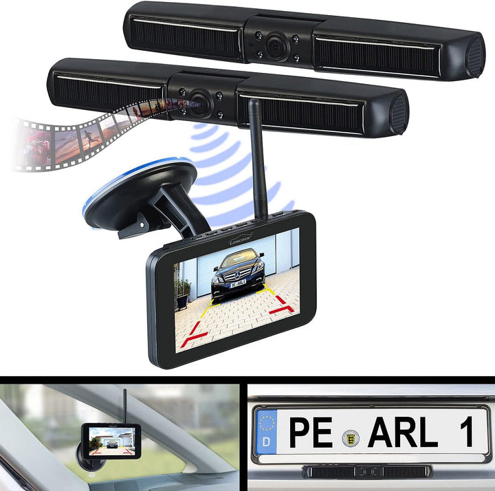 Lescars Auto Kamera: Solar-Funk-Front- und Rückfahrkamera mit Full HD und 5" Monitor (Funk Rückfahrk