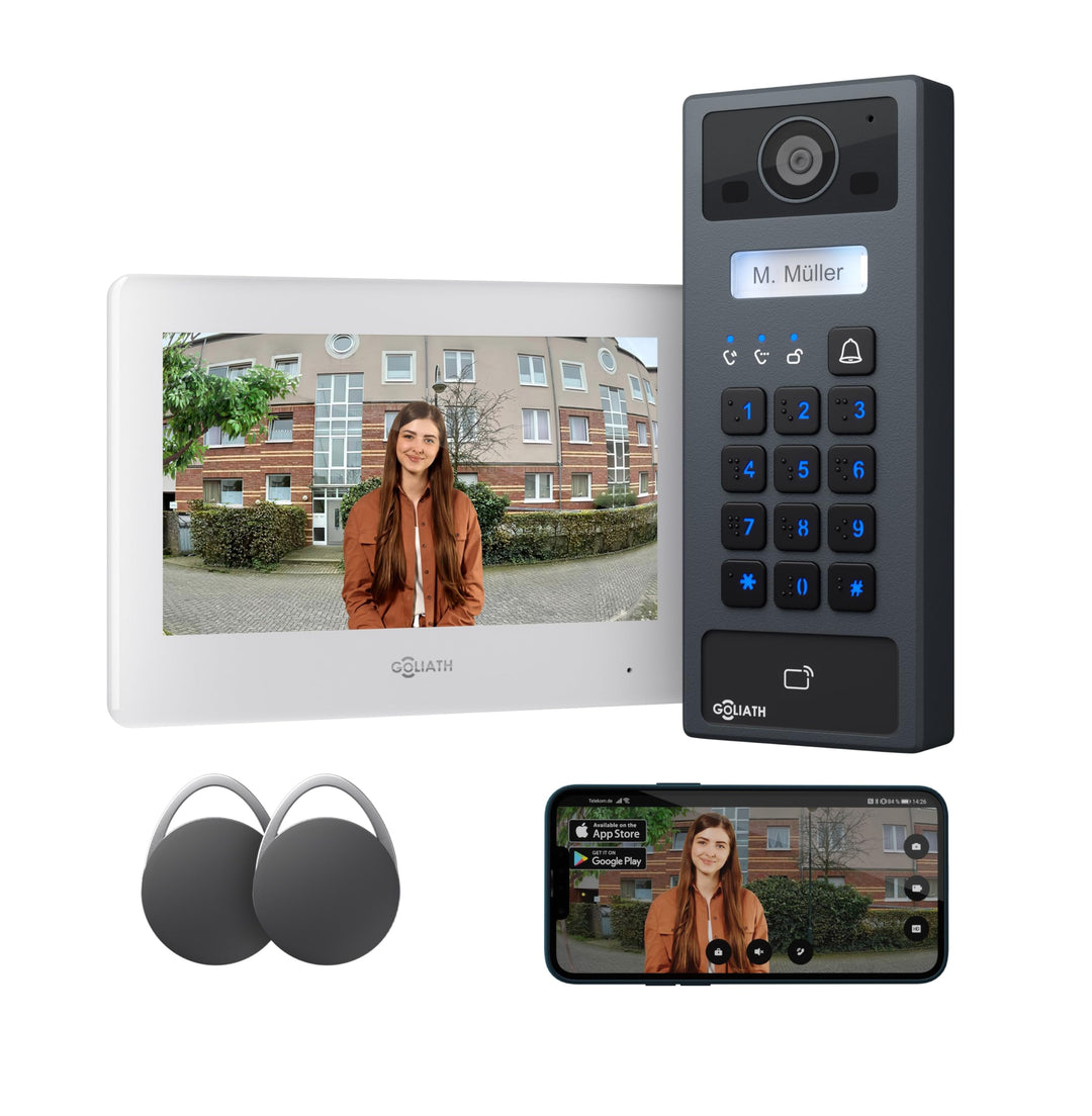 GOLIATH Basic 2-Draht Bus Video-Türsprechanlage, Full-HD, App-Steuerung, 7" Monitor in Weiss, RFID &