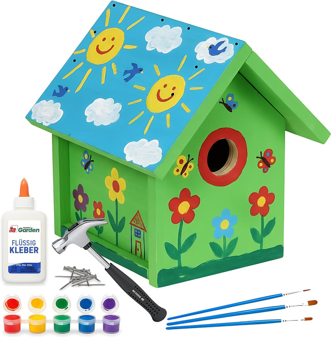ITA DIY Nistkasten zum Zusammenbauen und Bemalen Flyway - mit Hammer, Farben &amp; 3 Pinsel - Holz Baste