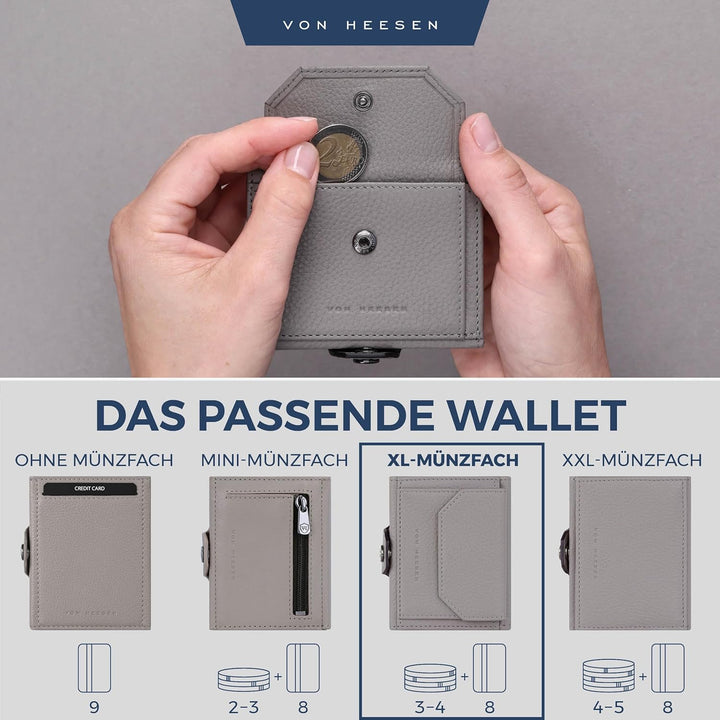 VON HEESEN Slim Wallet mit XL Münzfach Grau Grau XL MÜNZFACH (Kartenslot), Grau XL MÜNZFACH (Kartens