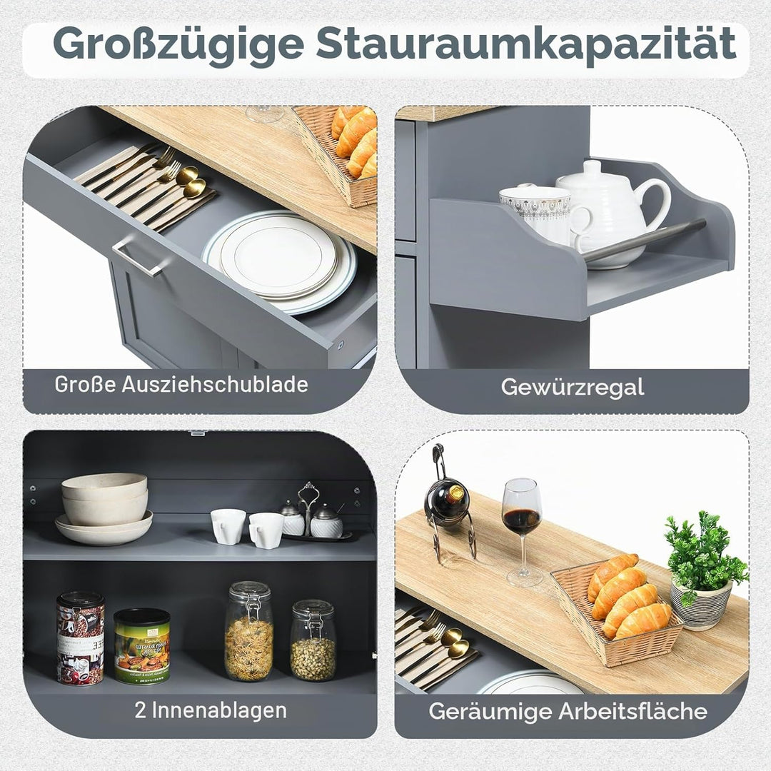 KOMFOTTEU Küchenwagen Servierwagen mit Arbeitsplatte, Küchenschrank Holz mit Rollen, Kücheninsel küc