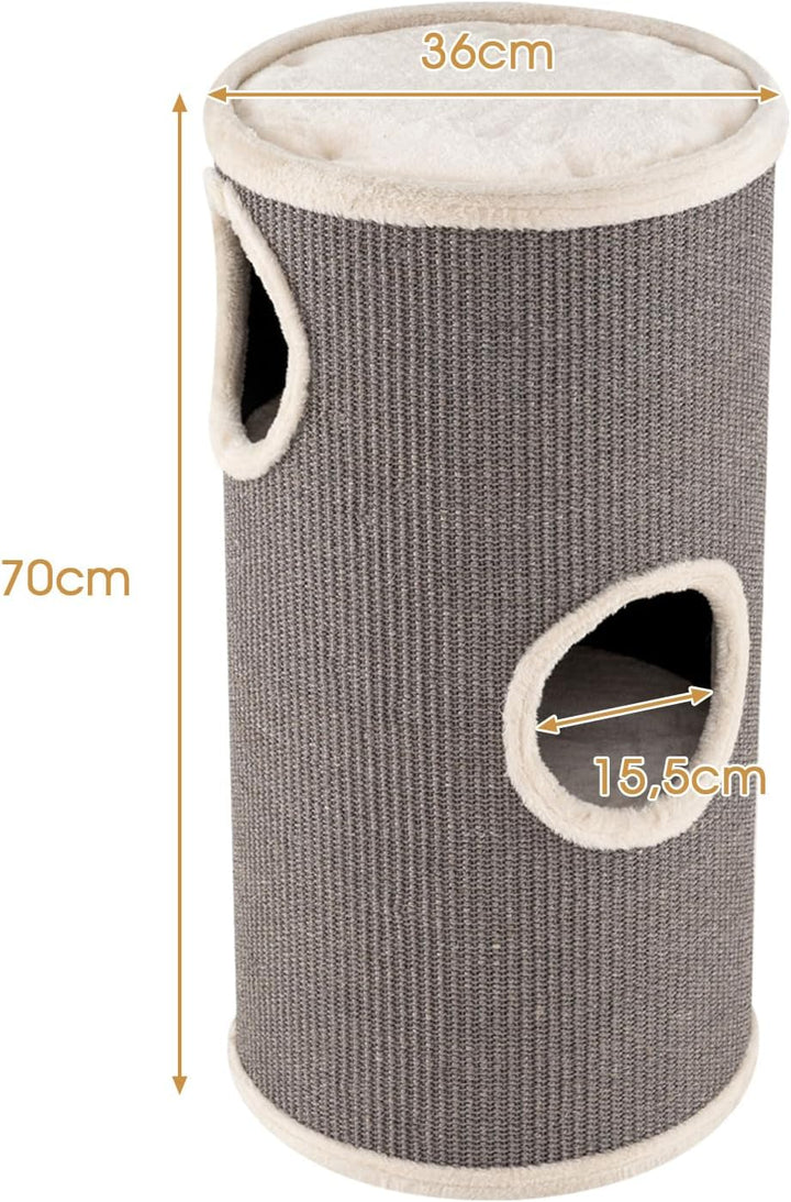 GOPLUS Kratztonne 3 Ebenen, 70 cm Katzentonne mit 3 Höhlen, Plüschbett, Liegefläche & Sisal-Kratzbre