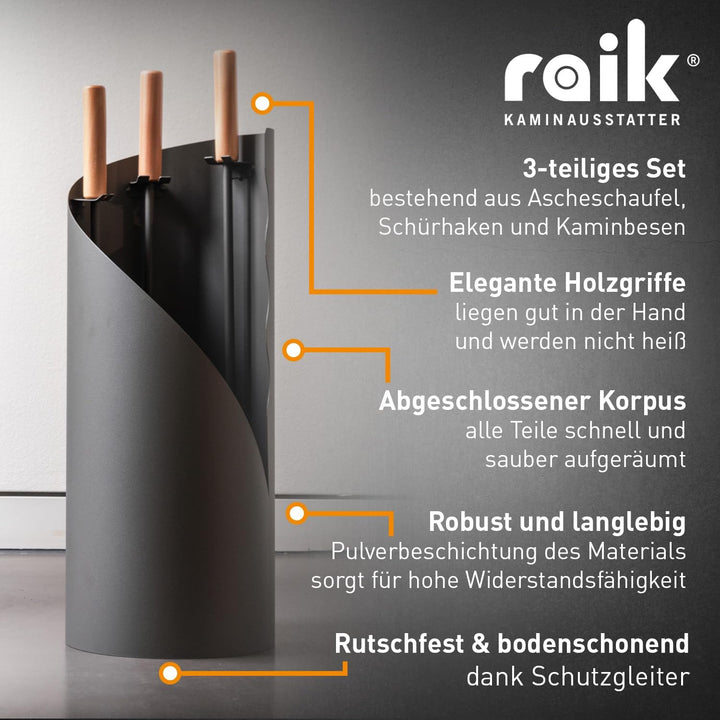 raik Kaminbesteck Set Otto 3-teilig inkl. Rindsleder Ofenhandschuh schwarz Kamingarnitur Stahl grau