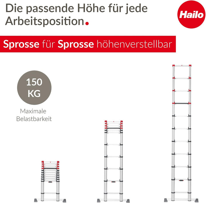 Hailo T80 FlexLine Alu Sicherheits-Teleskopleiter - ausziehbare Anlegeleiter mit 11 Sprossen - Arbei