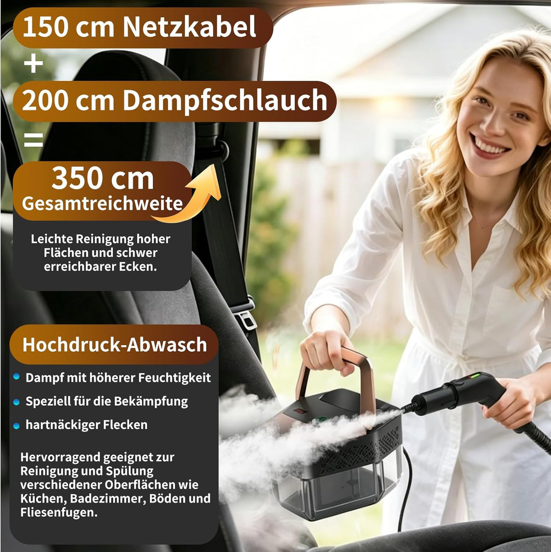 Dampfreiniger Handgerät, 2500W Handdampfreiniger mit Stufengriff, 8 Düsen, 1,8L Tank, 3 Dampfstufen,