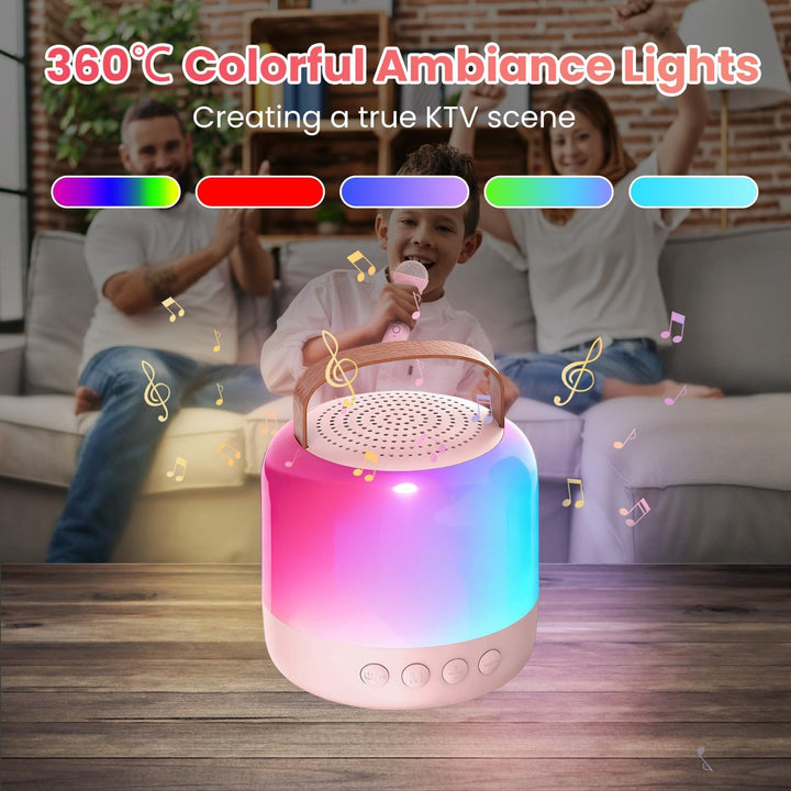 Karaoke Maschine mit 2 Drahtlosen Mikrofonen für Kinder, Tragbarer Bluetooth-Lautsprecher mit LED un