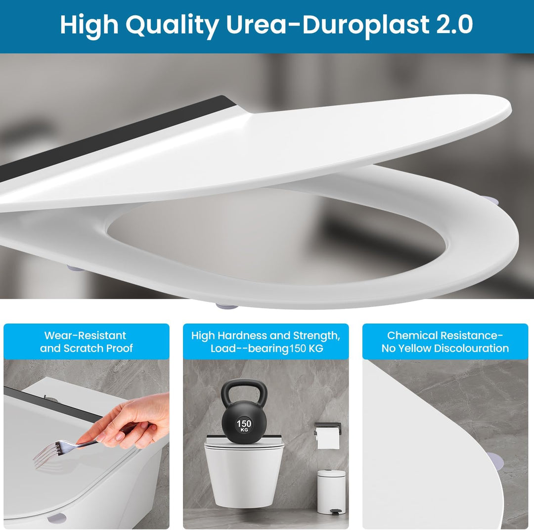 Toilettendeckel mit Absenkautomatik D-Form, Slim WC Sitz Weiss, Klodeckel Duroplast, Klobrille einfa