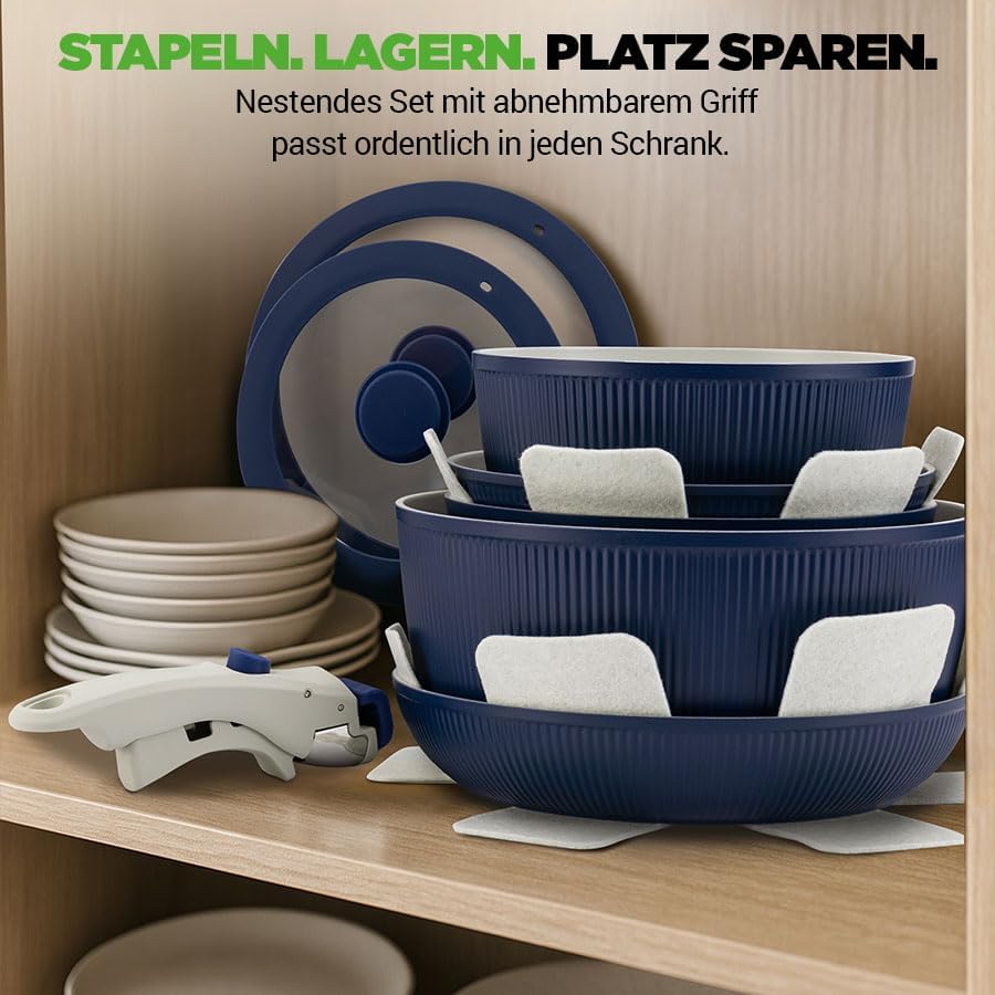 NutriChef Topfset 18 Teilig Keramik Blau mit Abnehmbaren Griffen Induktion Topf und Pfannenset Antih