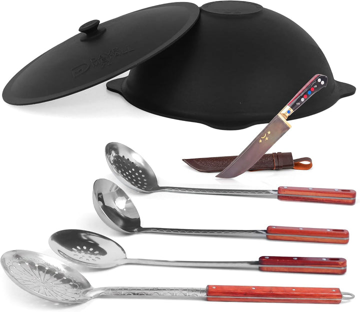 Kazan Gusseisen Kasan22 L flacher Boden Messer Schaumlöffel | Authentisches usbekisches Kasan Set (2