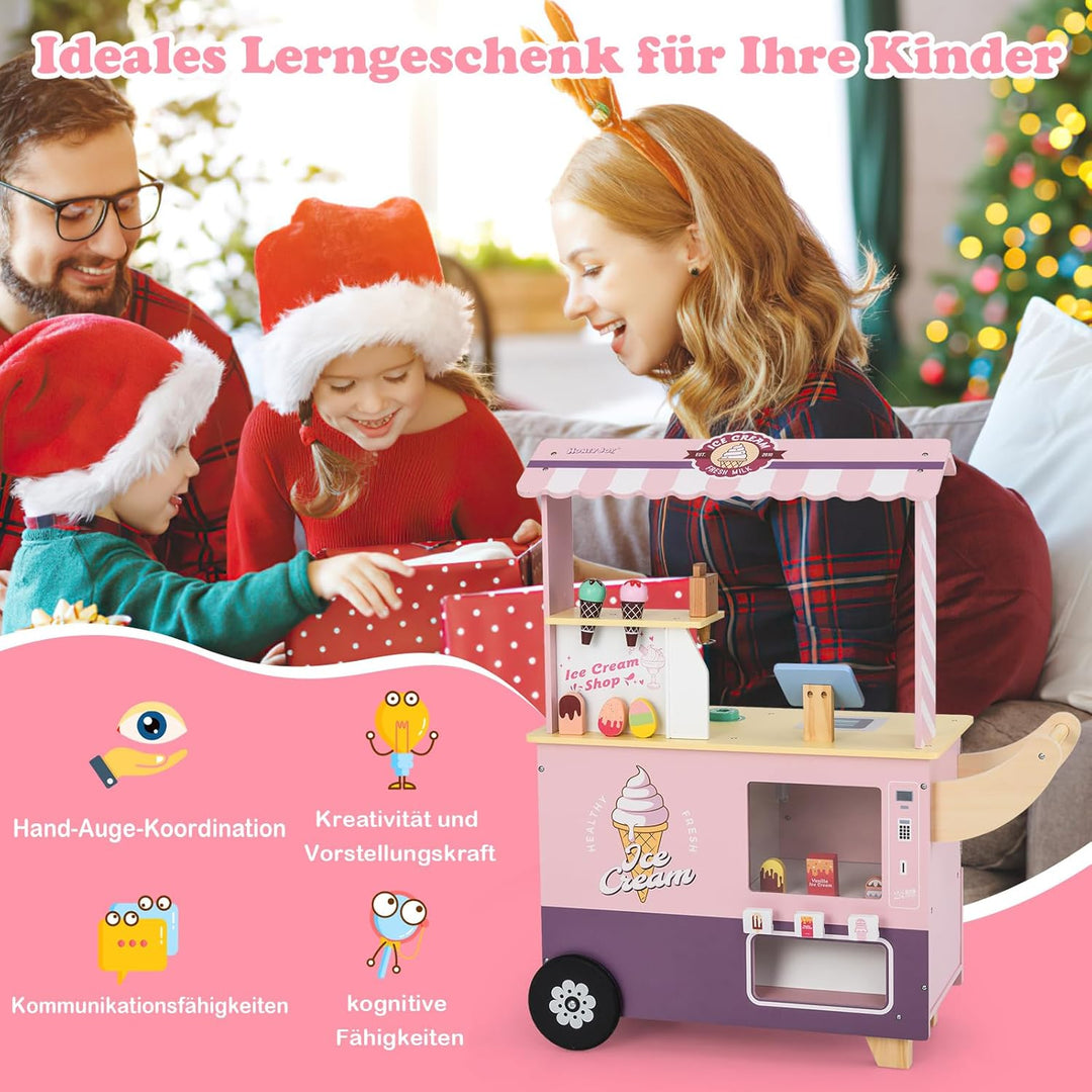 DREAMADE Kinder Eiswagen mit 15 Zubehör, Kaufladen aus Holz mit 2 Rädern & Markise, Eisstand Einkauf