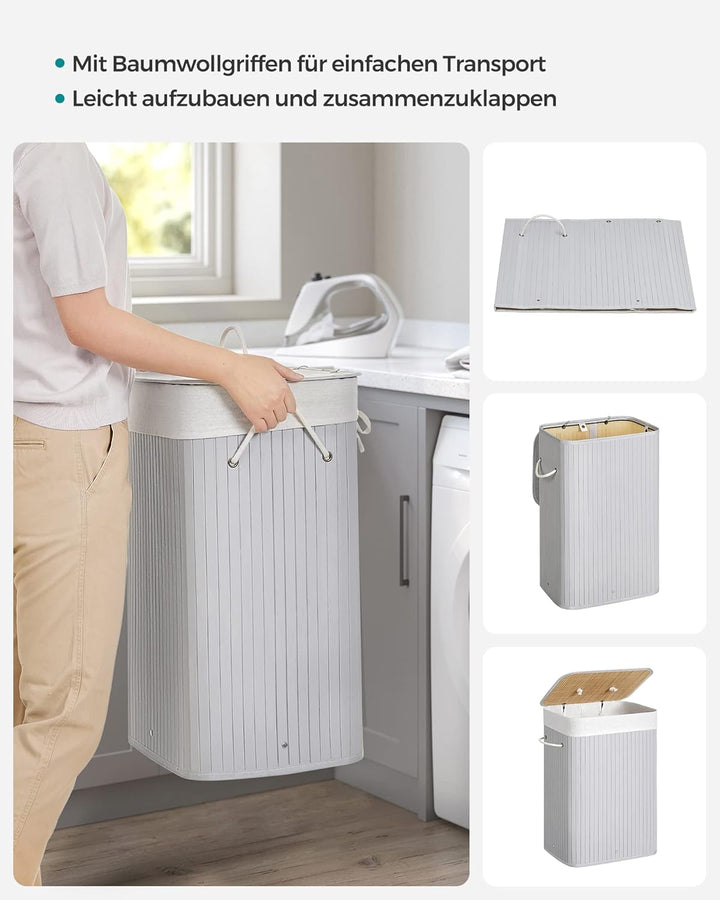 SONGMICS Wäschekorb mit Deckel, 72 Liter, Wäschesammler aus Bambus, faltbar, Wäschesack herausnehmba