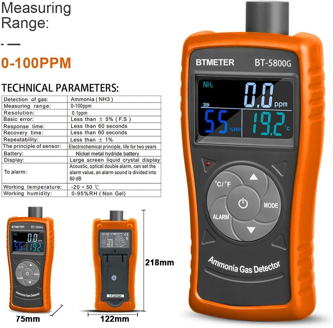 BTMETER BT-5800G Ammoniak Gasdetektor Sensor Test für 0~100PPM Nh3 Monitor Messgerät mit Temperatur