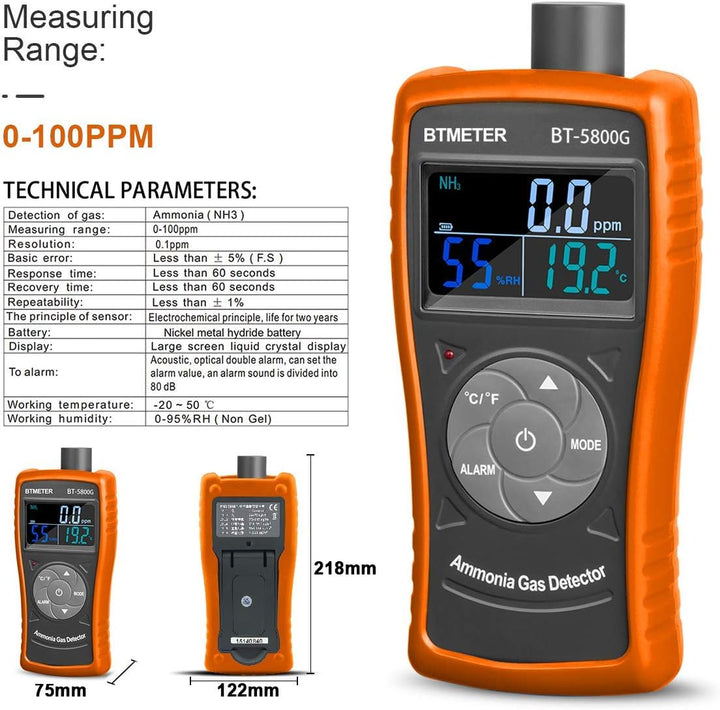 BTMETER BT-5800G Ammoniak Gasdetektor Sensor Test für 0~100PPM Nh3 Monitor Messgerät mit Temperatur