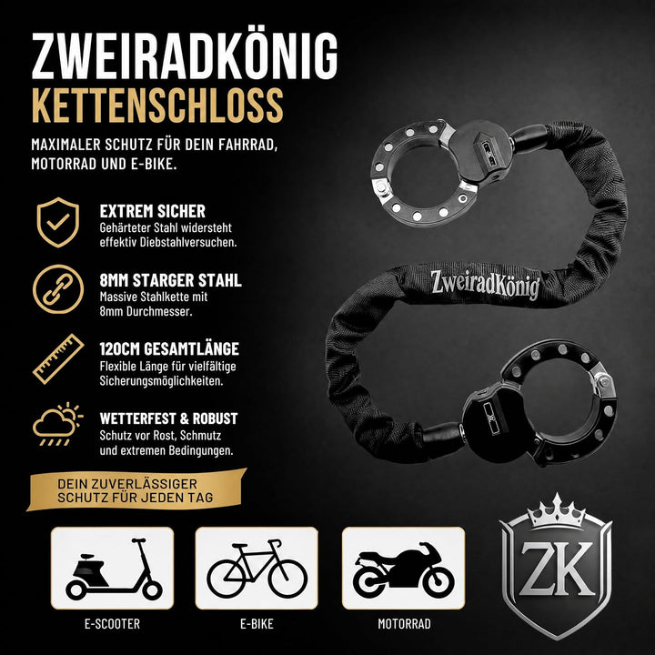 Handschellenschloss 120cm XXL – E Scooter Schloss mit Tasche – 8mm Gehärteter Stahl Kettenschloss –