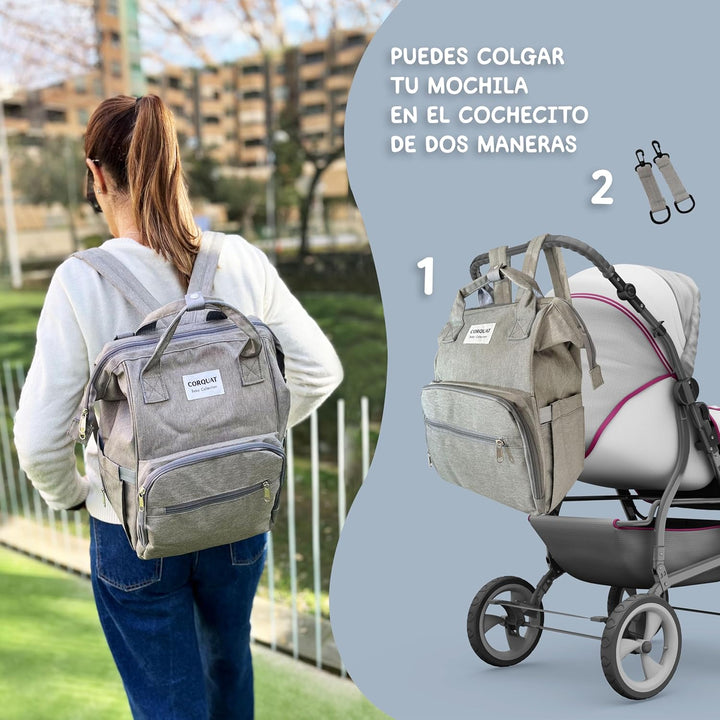Wickelrucksack mit verschiedenen Staufächern und Riemen für den Kinderwagen, ideal für den Transport