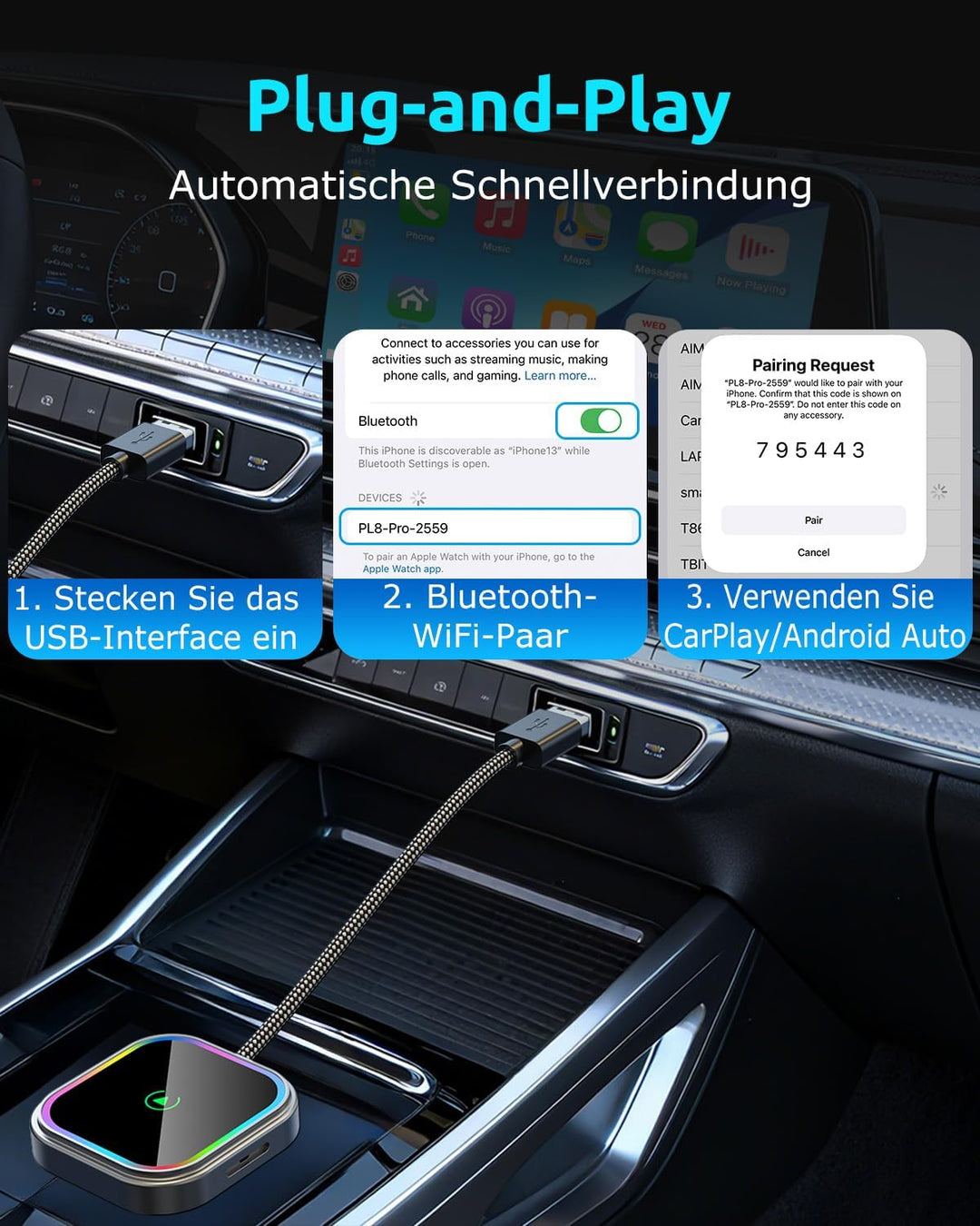 ESSGOO CarPlay Wireless Adapter für Apple,Android Auto Kabelloses Car Bluetooth WiFi Adapter USB C/A