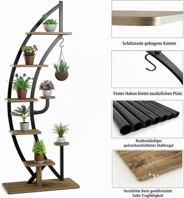 HOMASIS 6 Ebenen Blumenständer aus Metall, Pflanzenregal mit 7 Ablagen &amp; 1 Haken, elegante Halbmondf