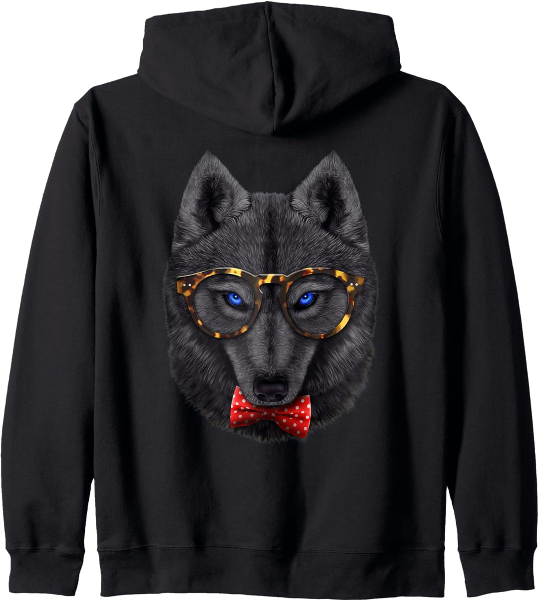 Schwarzer Wolf, die klassische Brille und Fliege trägt Kapuzenjacke
