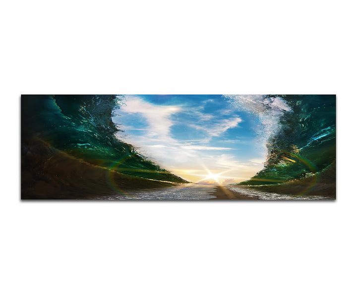 Paul Sinus Art Panoramabild auf Leinwand und Keilrahmen 150x50cm Meer Wellen Wasserteilung Sonne