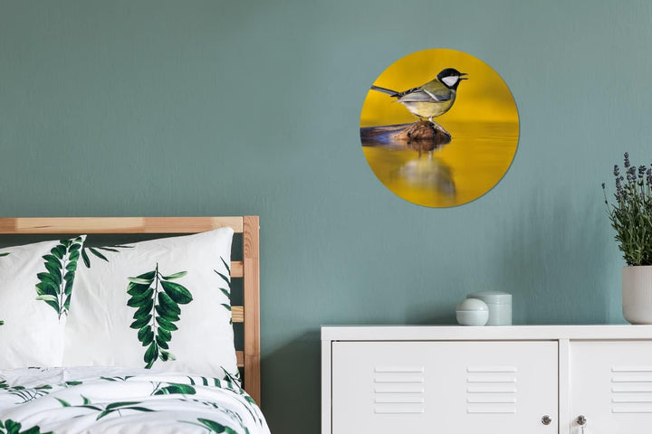 MuchoWow Wandbild Rund Wanddeko Deko Wohnzimmer Bilder 30x30 cm Kohlmeise - Vogel - Wasser, 30x30 cm