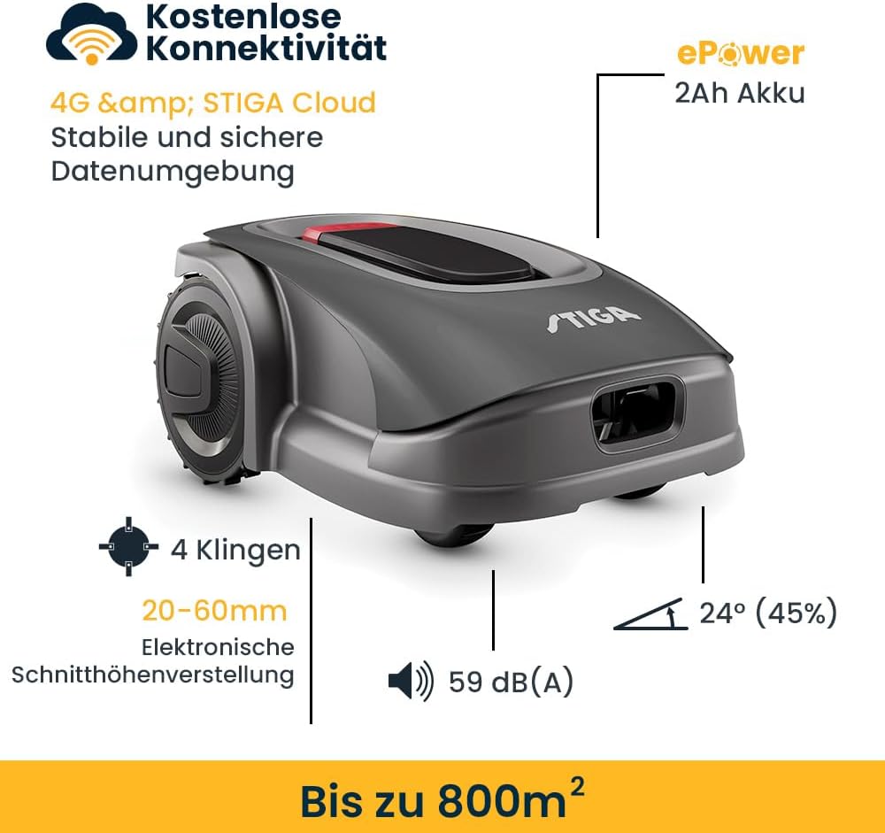 STIGA A 8 - Autonomer Mähroboter, kabellos, AGS & GPS-RTK Navigation, bis zu 800 m², App-gesteuert,